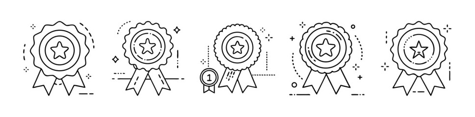 Fototapeta premium Achievement award badge vector icon set with ribbons and stars