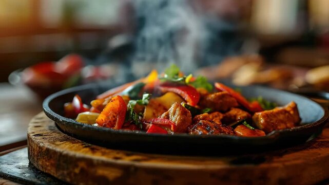 Close-up of a mouthwatering stir fry dish sizzling on an iron skillet with steam rising from it.