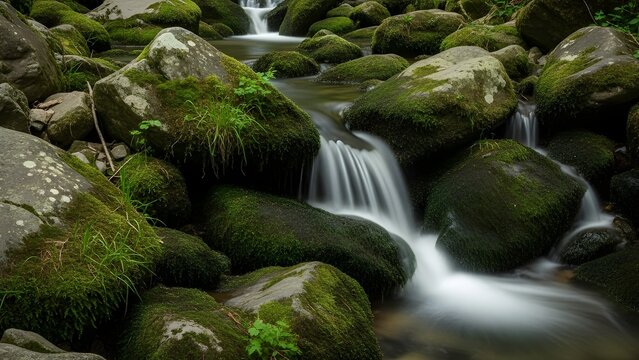 Tranquil stream flowing over moss covered rocks with long exposure water effect in green forest.