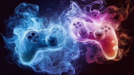 Two video game controllers emerge from vibrant, swirling smoke in contrasting blue and purple-orange hues, set against a dark, abstract background, suggesting d
