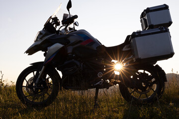 Moto trip to the mountains. Sunset in the mountains.