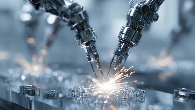 Precision engineering with robotic arms performing intricate tasks in a modern industrial environment