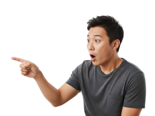 Surprised asian man pointing with excited expression, great for announcements or promotions that demand attention, shows genuine shock and amazement