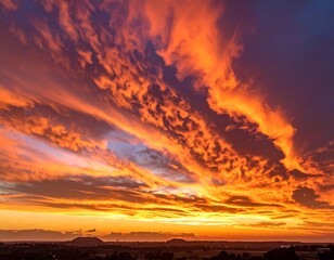 Dramatic sunset sky, filled with fiery orange and purple hues