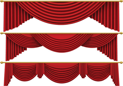 Three elegant red velvet stage curtains with gold rods and draped fabric