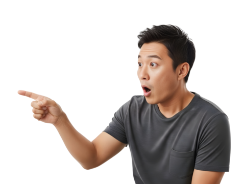 Surprised asian man pointing with excited expression, great for announcements or promotions that demand attention, shows genuine shock and amazement