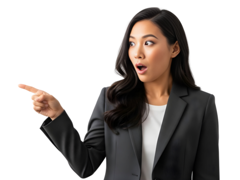 Surprised businesswoman pointing to exciting new opportunity, showing presentation, or revealing a secret in professional setting, reaction, and presentation