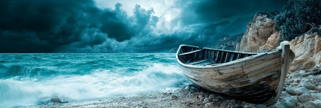 Weathered Wooden Boat Struggling Against Powerful Waves on a Stormy Coastline, Dramatic Seascape - Powered by Adobe