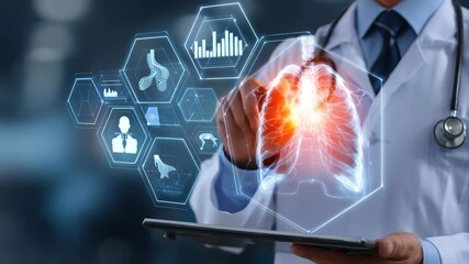 Medical professional using digital technology to analyze lung anatomy and health indicators in a clinical setting - Powered by Adobe