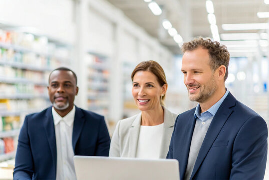 A diverse group of smiling business professionals collaborating on a laptop while discussing strategy in a modern supermarket - Powered by Adobe