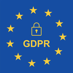 The image depicts the GDPR logo with a lock symbol inside the European Union flag.