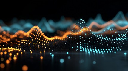 Fototapeta na wymiar Abstract data wave with glowing particle peak representing anomaly detection outlier detection signal amid normal pattern.