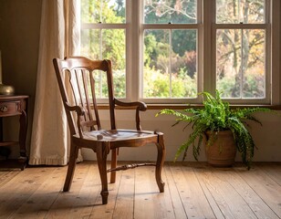 Antique Wooden Chair with Slatted Back Sunlight Streaks Potted Fern Green Leaves Background Blurred Trees Outdoors Vintage Interior Decoration Old World Ambiance