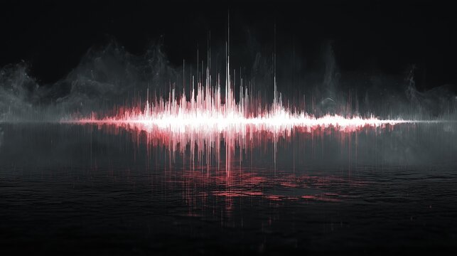 Single anomalous soundwave spike with red digital distortion over dark background reflecting on surface, representing audio anomaly detection and signal irregularity.