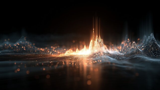 Abstract network landscape with glowing spike indicating cybersecurity anomaly detection, waveform, node and data flow visualization.