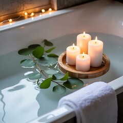 Relaxing bath with floating candles and green leaves