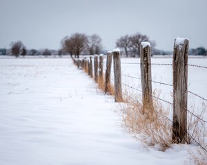 Barbed wire fence posts in snow covered field with bare trees winter