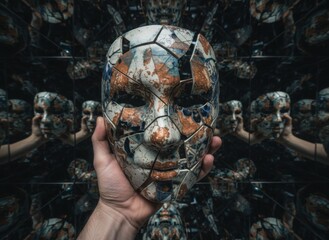 Hand presents mosaic ceramic mask made from broken shards against mirrored wall suggesting social media persona fragmentation and search for authentic identity