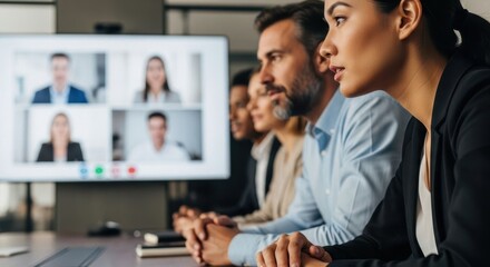 Businesswoman and colleagues attending a video conference in the office. Remote team meeting and presentation for corporate communication. Digital global business collaboration.