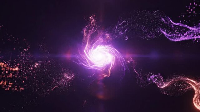 Glowing energy particles swirl and collide with a central light orb