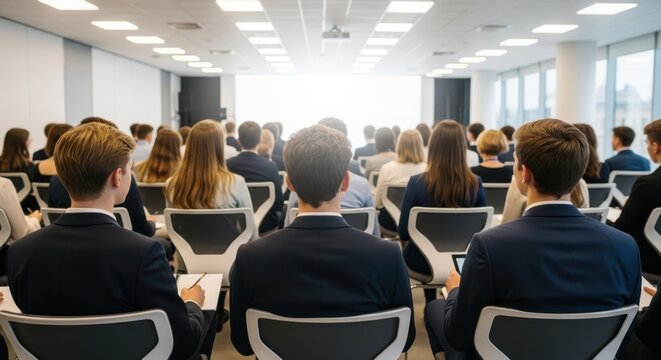 People sitting in a conference hall during a business event. Audience at a seminar with bright screen. Professional development and corporate training concept.