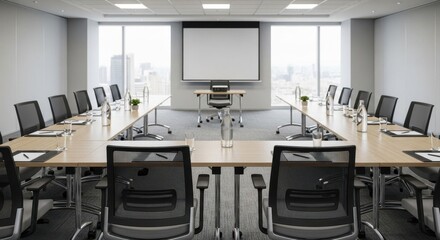 Empty modern conference room with U-shape table setup. Professional meeting space for business presentation and corporate training.