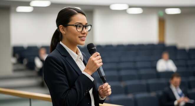 Woman speaker holding microphone during conference. Businesswoman giving presentation at seminar. Public speaking event.