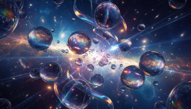 Surreal cosmic scene of glowing spheres in deep space visualizing multiverse theory abstract science and future exploration - Powered by Adobe