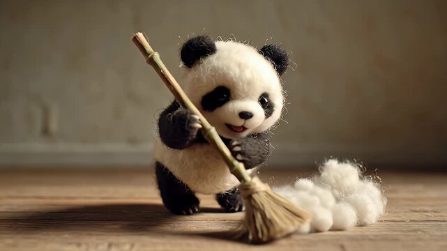 Panda bear cleaning with broom wooden floor cute animal concept
