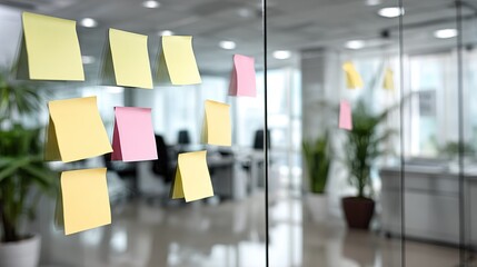 Several yellow and pink adhesive notes affixed to  clear glass wall surface in  modern blurred office environment