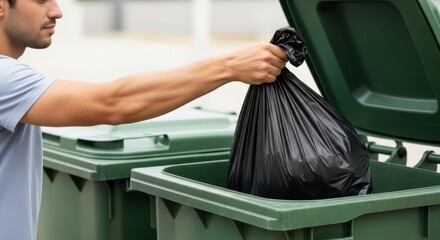 Caucasian man is throwing a black garbage bag into a green dumpster. Waste disposal concept. Home responsibility for environmental cleanliness.