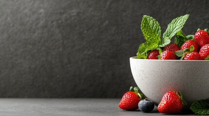 A close-up shot of a bowl filled with fresh strawberries and mint leaves, with a few blueberries scattered around the bowl on a dark, textured surface.