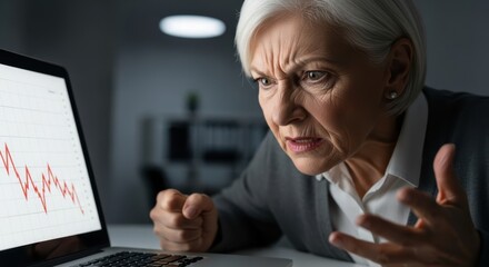 Upset older woman reacting to a financial loss graph on laptop. Senior businesswoman frustrated with stock market decline. Economic crisis concept.