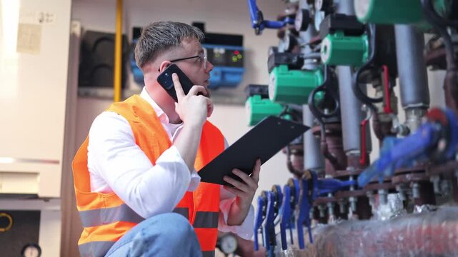 Industrial engineer wearing safety vest and glasses, appears focused while making important phone call during equipment maintenance inspection. Ensuring proper function within industrial facility.