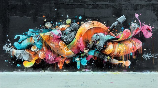 A colorful and dynamic graffiti mural featuring abstract shapes, swirling forms, and dripping paint on a dark, textured wall. The artwork is bright and energeti