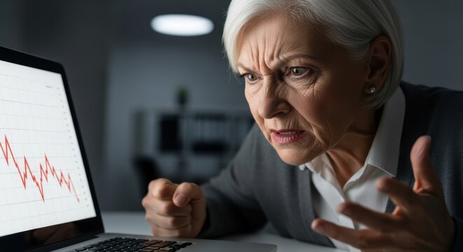 Upset older woman reacting to a financial loss graph on laptop. Senior businesswoman frustrated with stock market decline. Economic crisis concept.
