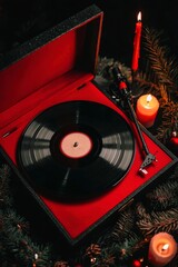 Vintage Vinyl Record Player with Cozy Candlelight and Holiday Decor