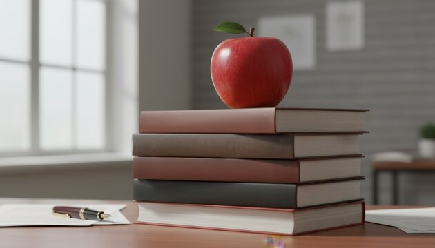 education and learning concept with red apple on stacked books in calm daylight classroom atmosphere