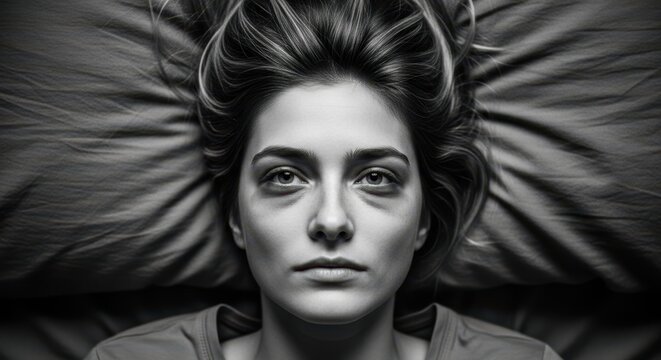 Woman with dark circles under her eyes, lying in bed. Insomnia and exhaustion concept. Stress, tiredness, and sleep deprivation.