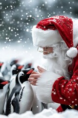 Santa Claus Interacting with Penguins in a Snowy Winter Scene