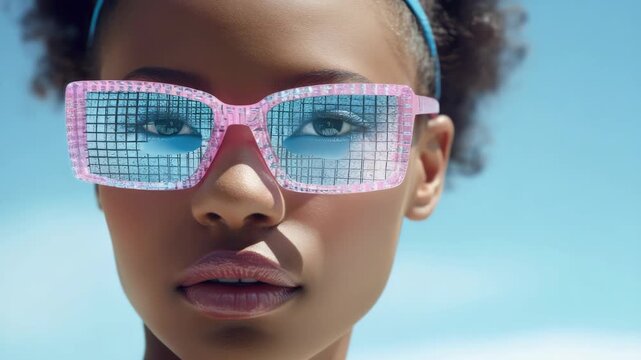 Close-up of a person wearing stylish pink grid sunglasses against a clear blue sky.
