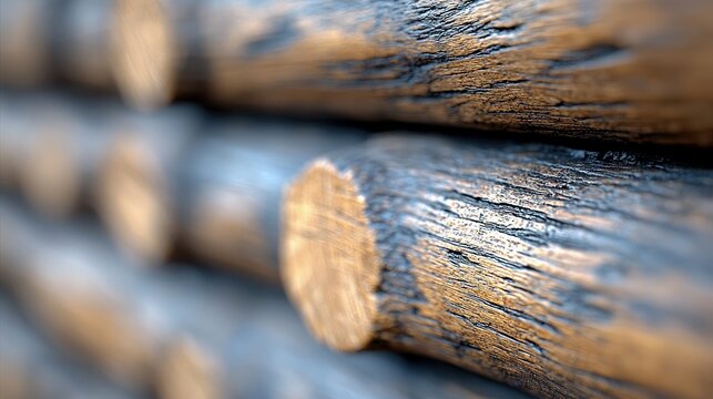 A close-up, shallow depth of field shot of weathered, stacked wooden logs outdoors. The texture of the wood is prominent, with visible grain and dark, aged sect