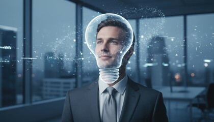 Businessman with holographic light bulb head symbolizing bright innovative idea