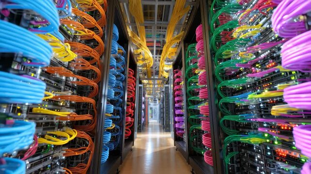 Multi colored network server room showcases vibrant cables and advanced technology in a modern data center - Powered by Adobe