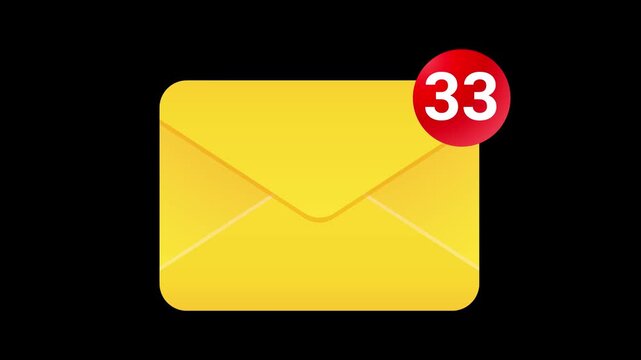 Envelope notification count grows from one to ninety nine, symbolizing many unread messages. 4K animation on black background.