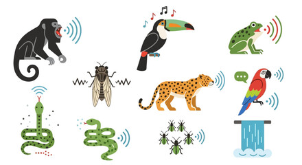 Fototapeta premium Jungle Animals Sound Waves and Communication Set.