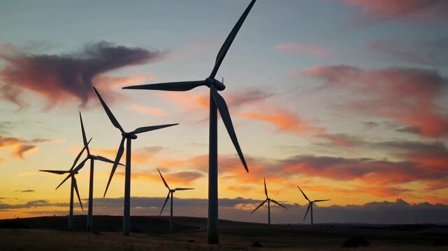 The image shows a row of wind turbines silhouetted against a colorful sunset sky. The turbines are situated on a grassy field.