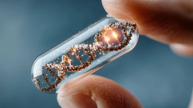 Scientist Hand Rotating Transparent Capsule with Glowing Golden DNA Strand Casting Shimmering Reflections as Static Camera Transitions to Extreme Close-Up in Blue Purple Laboratory Background