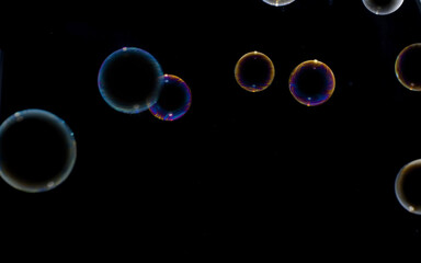 Large Blue and Gold Soap Bubble Outlines with Smaller Bubbles on Black Background - Abstract Ring Photography Creating Bold Composition with Neon Glow Effect and Artistic Light Reflections

