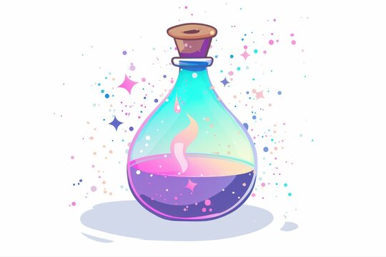 Magical elixir potion in a glass bottle cartoon with colorful aura on transparent background